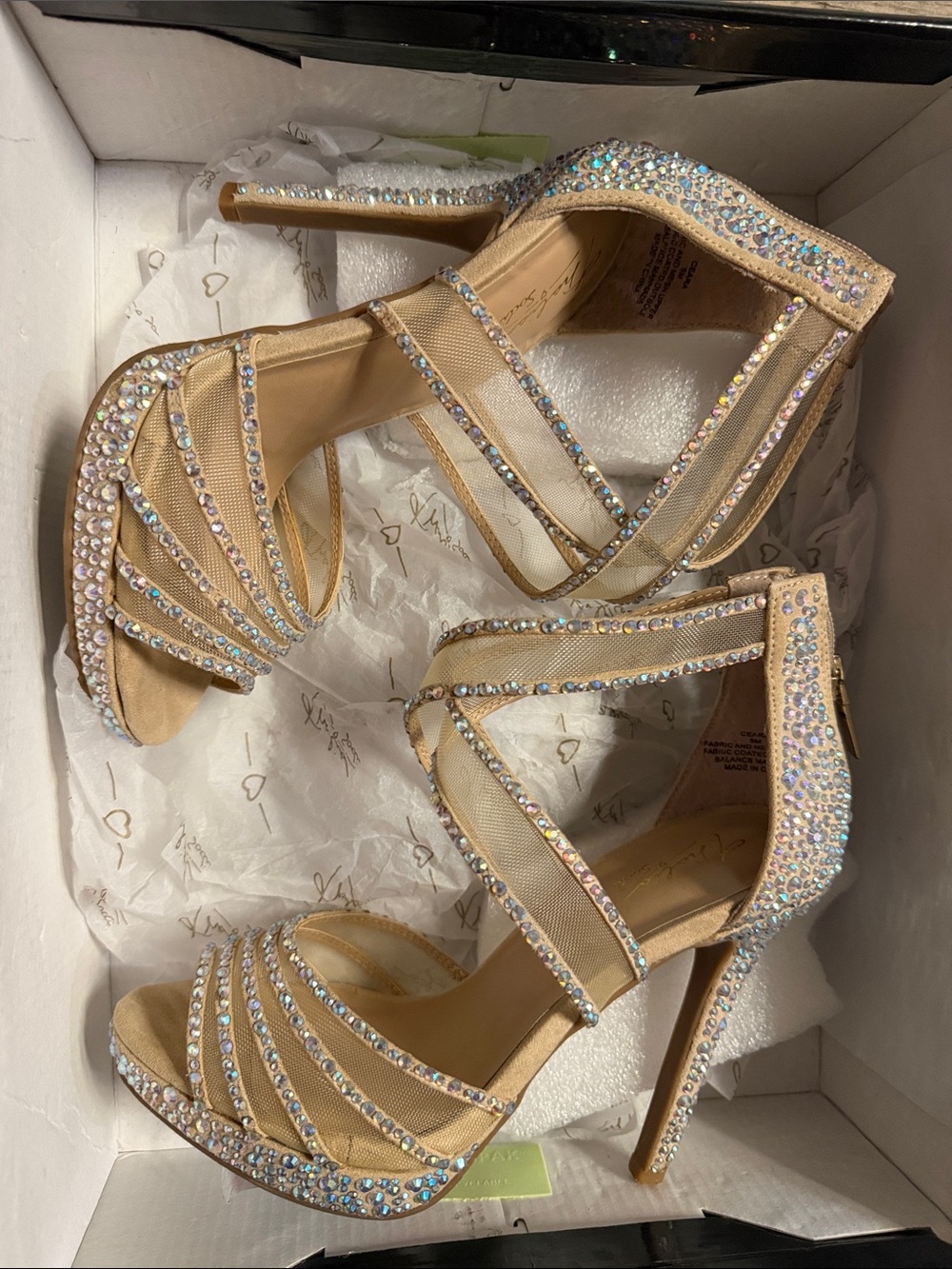Thalia Sodi Nude Gold Rhinestone Strappy High Heels